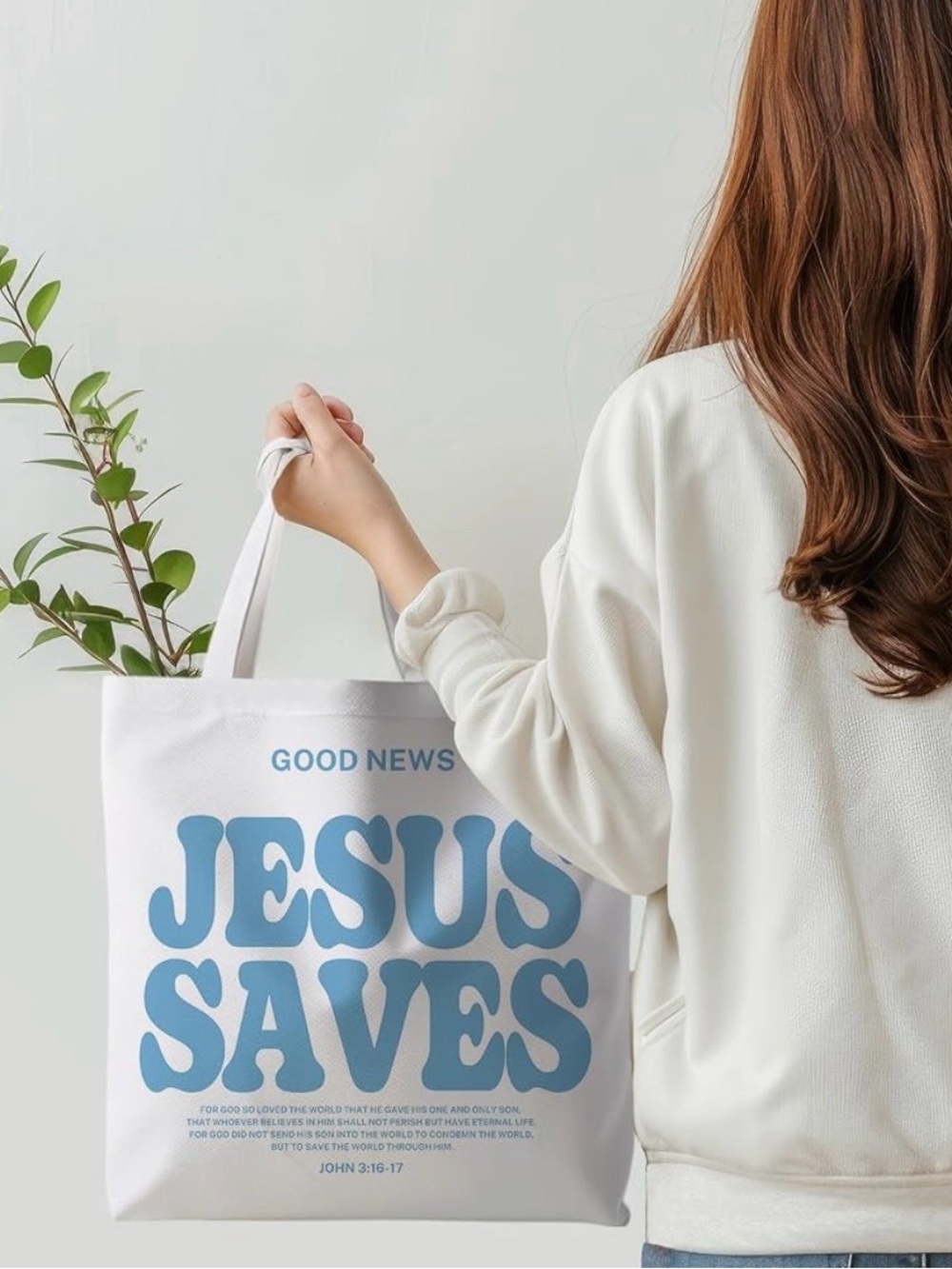 Brand New! “Good News Jesus Saves" Print Tote Bag in Blue/White